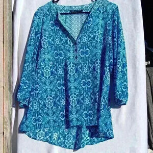 Womens L tunic boho cottage core hippie sheer blue white geo print blouse